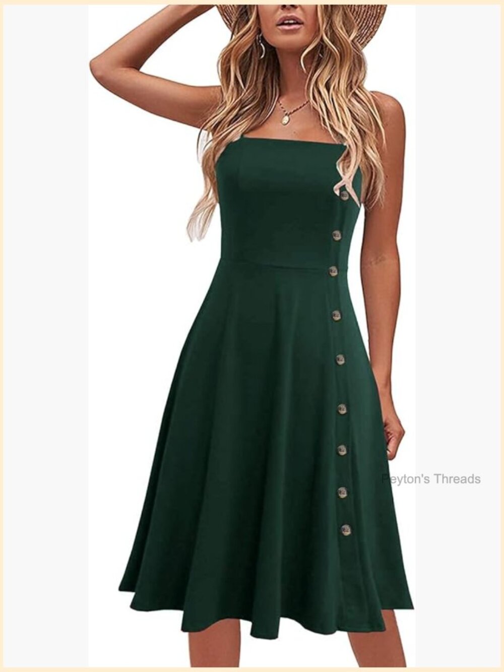 Cotton Blend Spaghetti Strap A-Line Midi Sundress with Button Placket